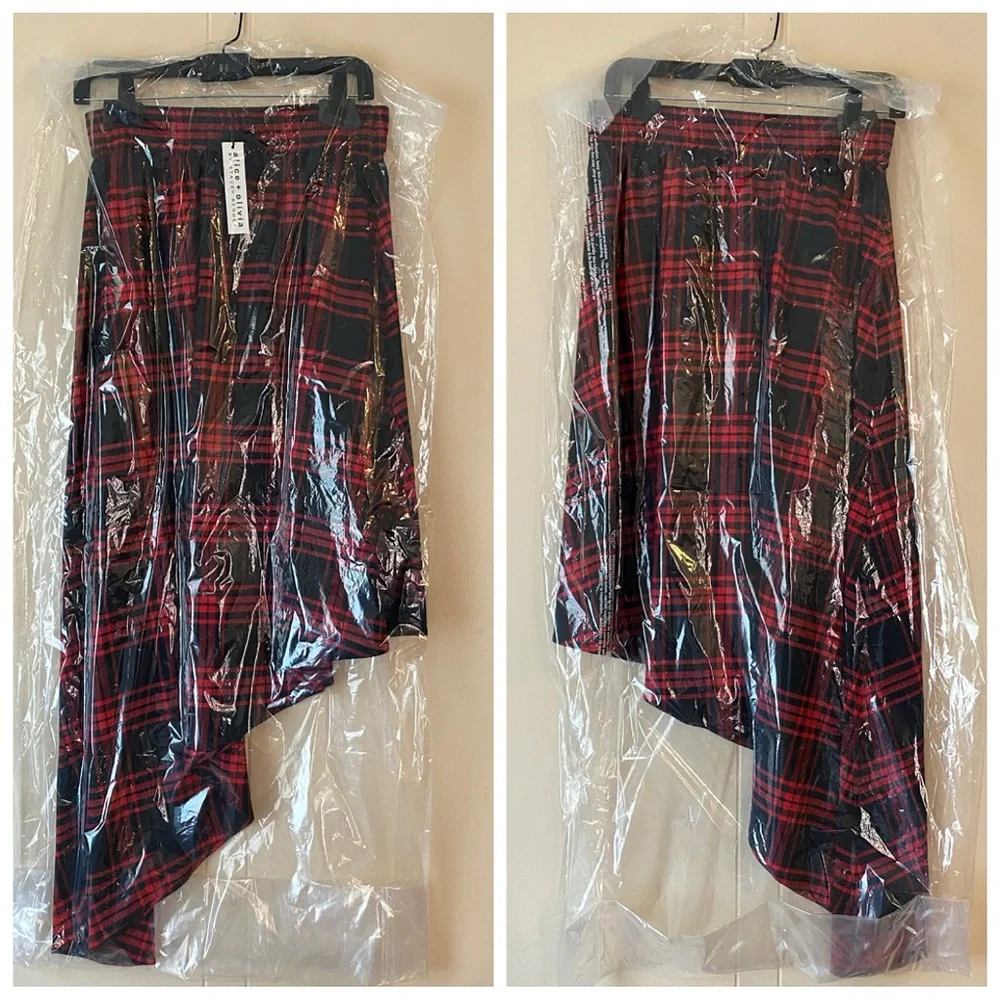 Alice + Olivia Natalina Plaid High-Low Asymmetrical Red Black Midi Skirt